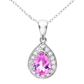 Bezel Set Pear Shape Created Pink Sapphire and 0.1ct Diamond Teardrop Halo Pendant in UK Hallmarked 9ct White Gold